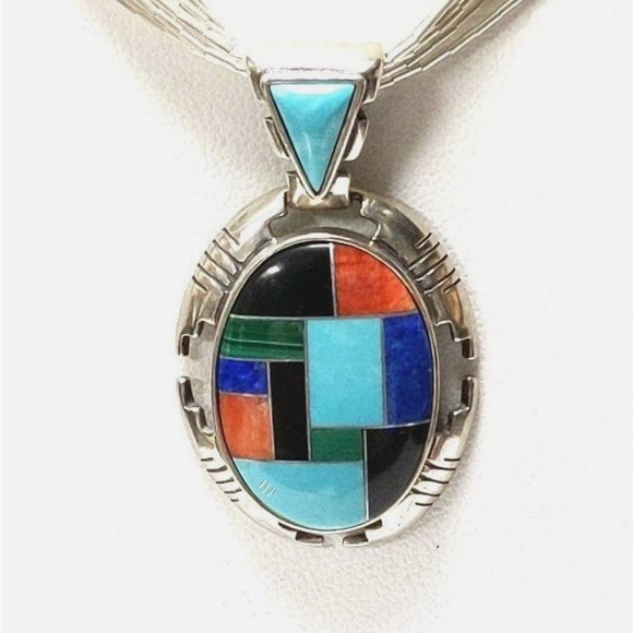 Signed Vtg Carolyn Pollack Southwestern 925 Sterling Turquoise Mosaic Necklace - Picture 2 of 16